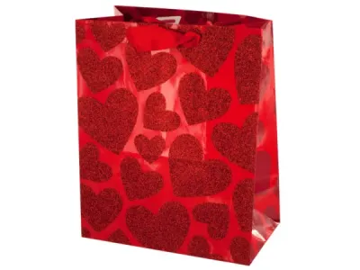 bulk buys BH398 - Valentines Day Small Red Glitter Heart Gift Bag
