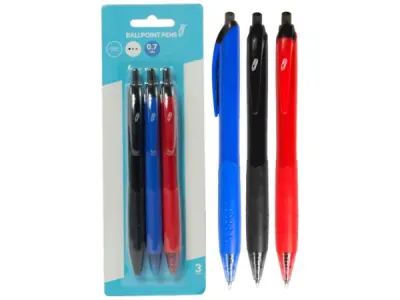 bulk buys CI209 - Retractable 0.7mm Ballpoint Pens - 3 Pack, Assorted Colors