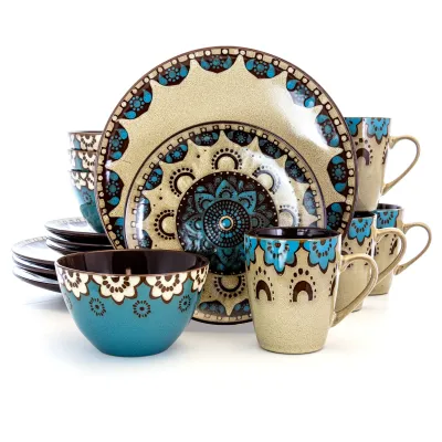ELAMA EL-CLAYHEART16 - Clay Heart 16-Piece Stoneware Dinner Set - Tan & Blue