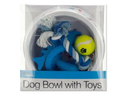 dukes OS959 - Assorted Color Dog Bowl with Toys for Fun Playtime