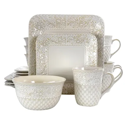 ELAMA EL-IVORYLOTUS - Elama Ivory Lotus 16 Piece Square Dinnerware Set