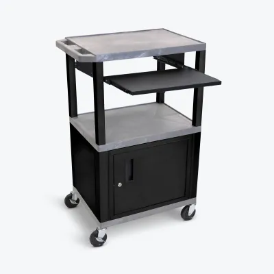 Luxor WTPS42GYC2E-B - Luxor 42 3-Shelf AV Cart with Pullout Tray & Cabinet