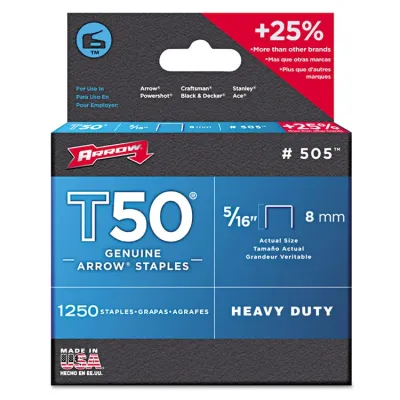 ARROW FASTENER 50824 - T50 Heavy Duty Staples 1250 Pack - 0.5 Leg, 0.38 Crown