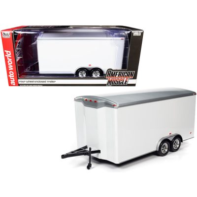 Autoworld AMM1238 - Four Wheel Enclosed Car Trailer White with Silver Top for 11