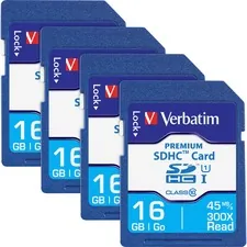 VERBATIM VER 96808BX - Verbatim Premium 16 GB Class 10 SDHC - 4 Pack - 20 MBs Read 