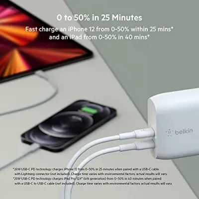Belkin WCB006DQWH - Dual 20W USB-C Fast Wall Charger - Compact Design