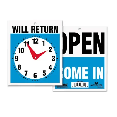 U. S. STAMP & SIGN USS 9382 - HeadLine Will Return Clock Hands Signs - 1 Each - Open, Come