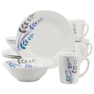 Gibson 142755.12 - Gibson Home Blue Leaves 12 Piece Round Fine Ceramic Decorate