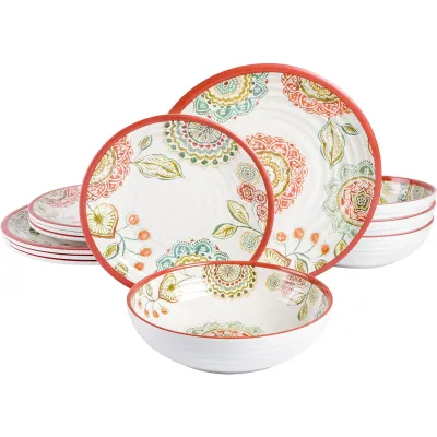 Laurie Gates 123197.12R - Brick Floral Ripple 12 Piece Melamine Dinnerware Set in Red