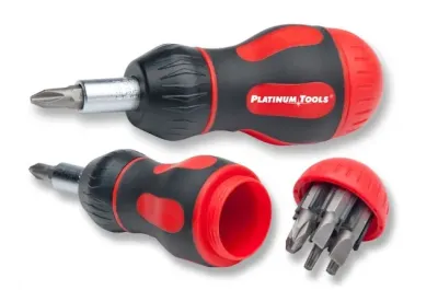 PLATINUM TOOLS 19120C - 8-IN-1 RATCHETED STUBBY SCREWDRIVER. CLAMSHELL.