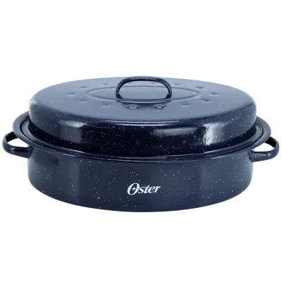 OSTER 143749.02 - Navy Blue Enamel Steel Roaster Pan with Lid, 16.5x13