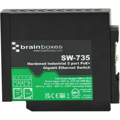 BRAINBOXES SW-735 - 5-Port Industrial POE+ Gigabit Ethernet Switch with Hardened