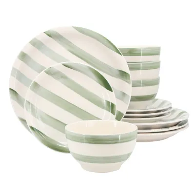 Gibson 148491.12 - Gibson Home Kenwood Shores 12-Piece Green Stripe Dinner Set