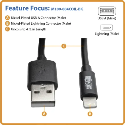 Eaton Tripplite M100-004COIL-BK - TRIPP LITE SERIES USB-A TO LIGHTNING SYNCCHARGE COILED CABLE