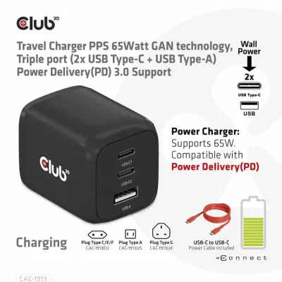 CLUB 3D CAC-1913 - 65W GAN 3X PORT TRAVEL CHARGER