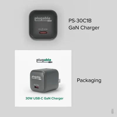 Plugable Technologies PS-30C1B - PLUGABLE GAN USB C CHARGER BLOCK, 30W PORTABLE CHARGER, FOLD