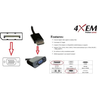 4XEM 4XDPVGA - DisplayPort to VGA Adapter - 8 Inch Cable