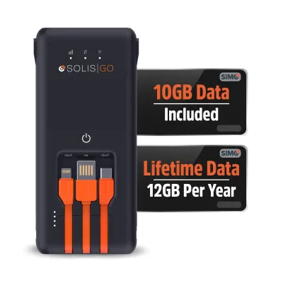 SIMO, INC. SSGPB001 - SOLIS GO, 4G LTE HOTSPOT AND POWER BANK, WITH BUILT-IN USB-A