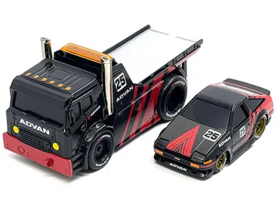 Muscle Machines 11557RD - JDM Flatbed Truck 25 Black and Red and 1983-85 Toyota Trueno