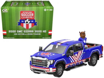 Greenlight GL30588 - 2022 GMC Sierra 3500 HD Pickup Truck Blue with American Socc