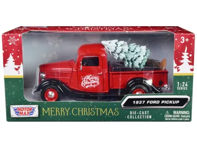 Motormax 73233RBIXMT - 1937 Ford Pickup Truck Red and Black Merry Christmas with Tr