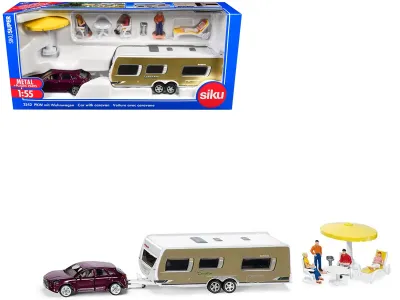 SIKU SK2542 - Porsche Macan Turbo Maroon Metallic and Dethleffs Exclusiv E