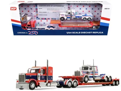 First Gear 69-2348 - Peterbilt 589 with 44 Flat Top Sleeper Red with Blue Stripes