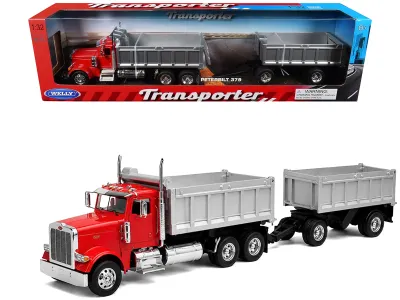 Welly 39944-2GRD - Peterbilt 379 Dump Truck Red with Gray Double Dump Trailer T