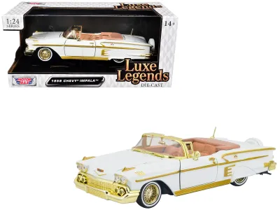 Motormax 79222W - 1958 Chevrolet Impala White Metallic with Gold Accents Luxe 