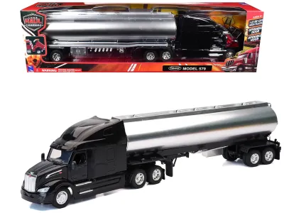 New Ray 12553 - Peterbilt 579 Truck Black with Tanker Trailer Silver Long Ha